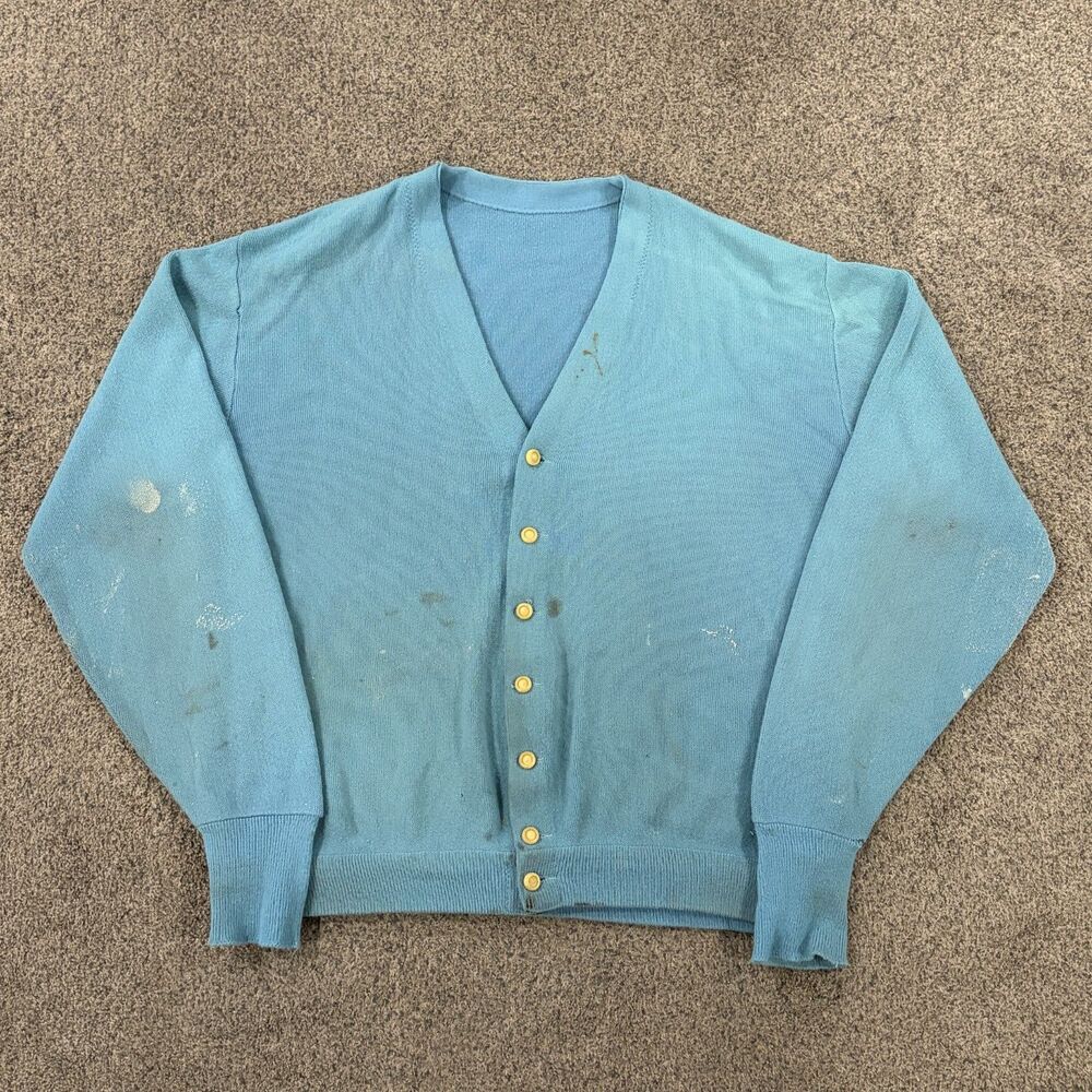 Vtg 60s Distressed Painted Mens Sz Large Wool Cardigan Sweater Blue Kurt Cobain